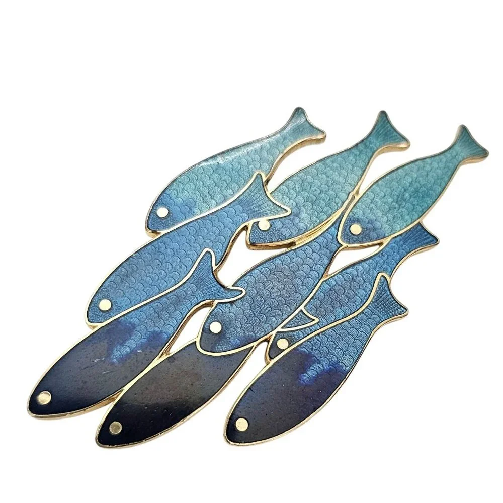 Fish Enterprise Blue Teal Champleve School Of Fish Brooch Pin Signed, J47 - Picture 2 of 6